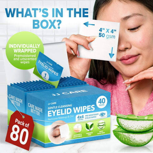 JJ CARE Eyelid Cleaning Wipes 80 PCs, Individually Wrapped Eye Lid Scrubbing Wipes, Moisturizing Eye Wipes for Irritated, Itchy, and Dry Eyes, Hypoallergenic Eye Scrub Cleaning Pads